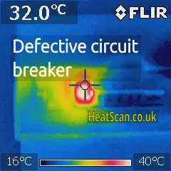 Thermal photo of a fuseboard, showing a defective overheating circuit breaker