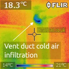 Thermal photo of a kitchen vent duct, showing cold air infiltration